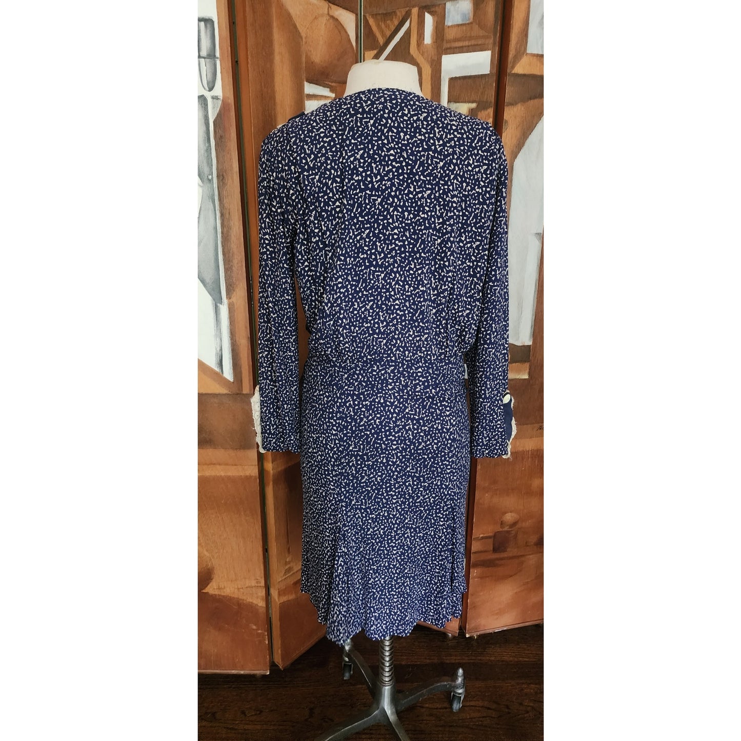 Vintage 1920s Day Dress Silk Print Navy Blue Polkadot Micro Dot Long Sleeves / S