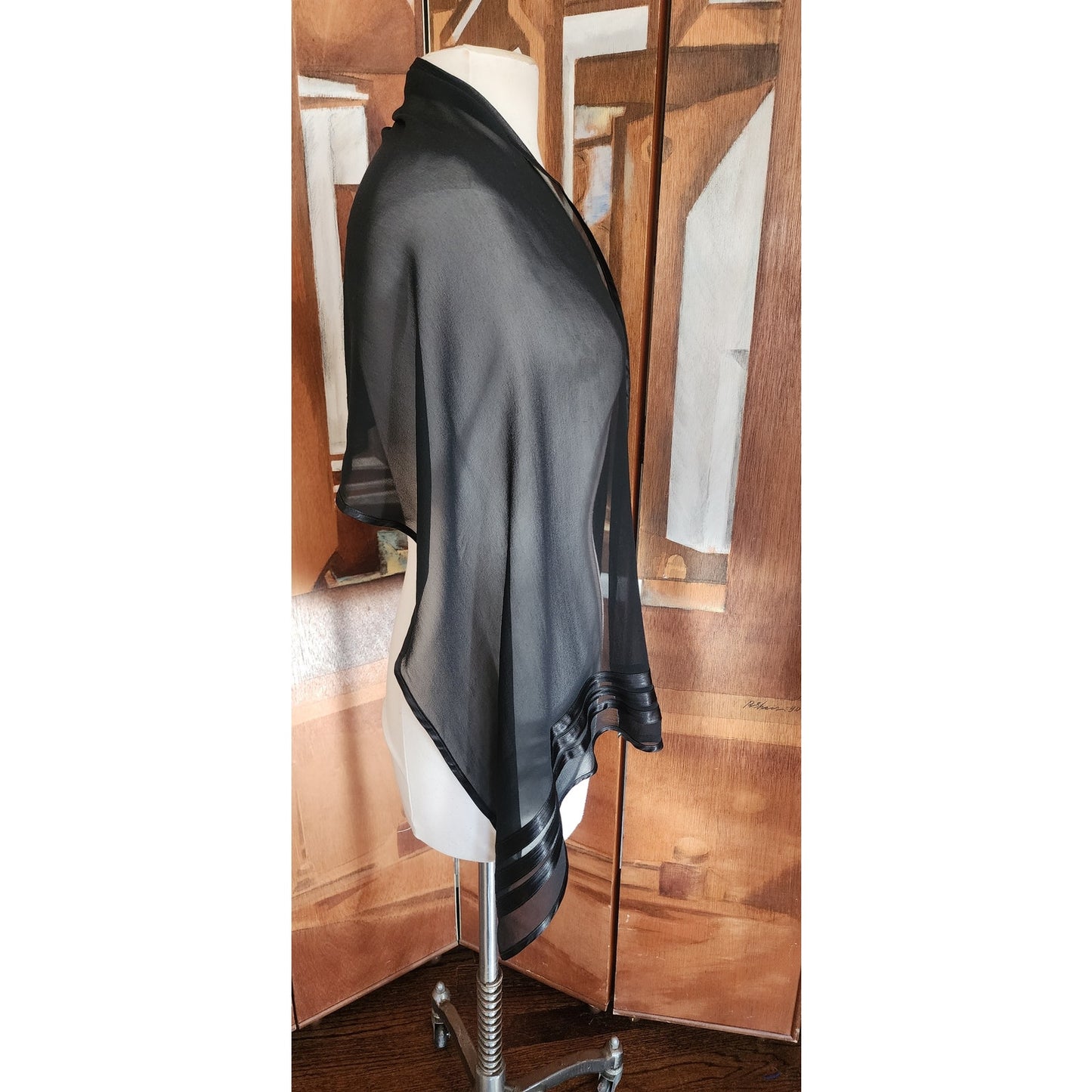 Vintage 90s Armani Collezioni Black Silk Scarf Satin Stripe