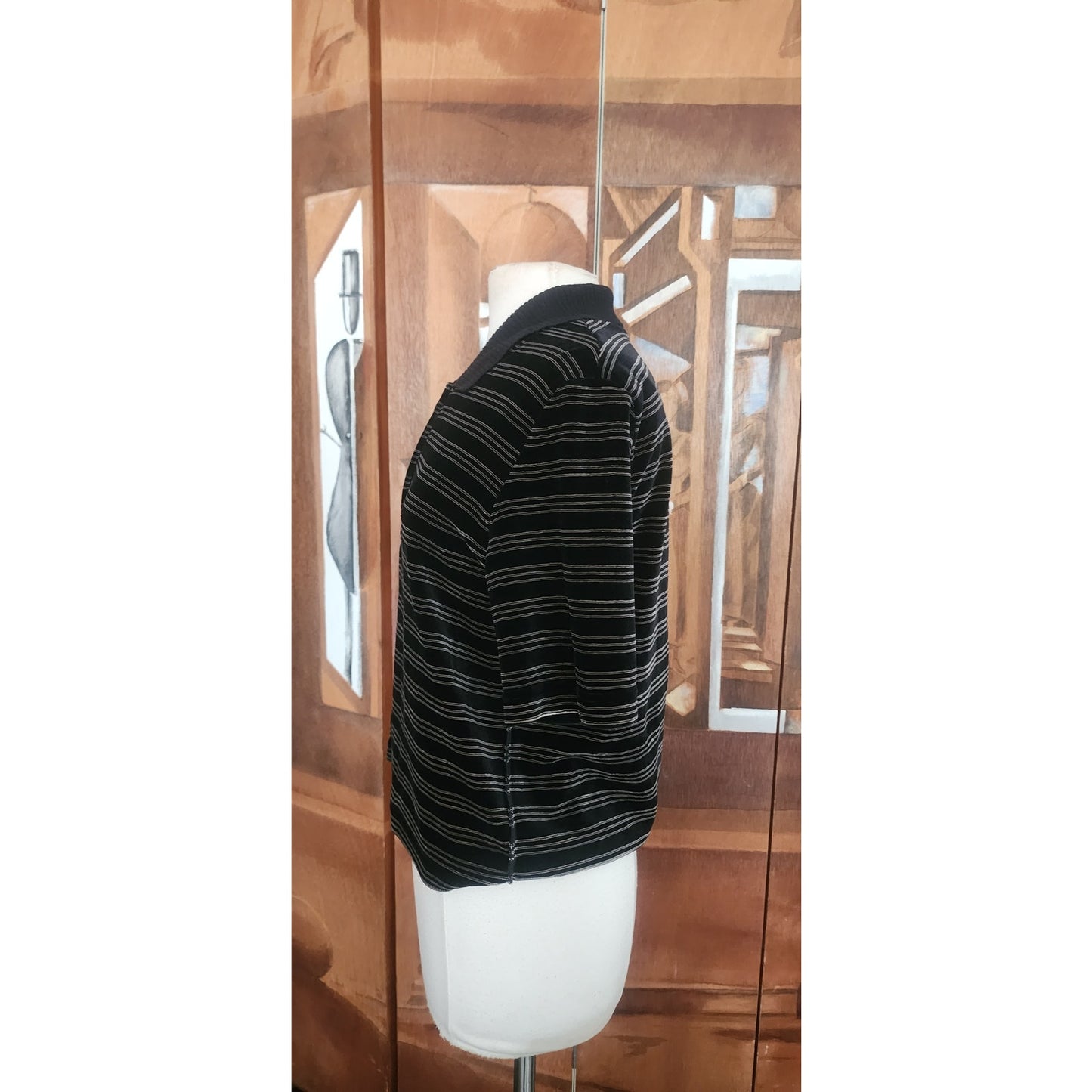 Vintage 1990s Sonia Rykie Velourl Top Black Gray Striped Short Sleeve Knit Polo Shirt