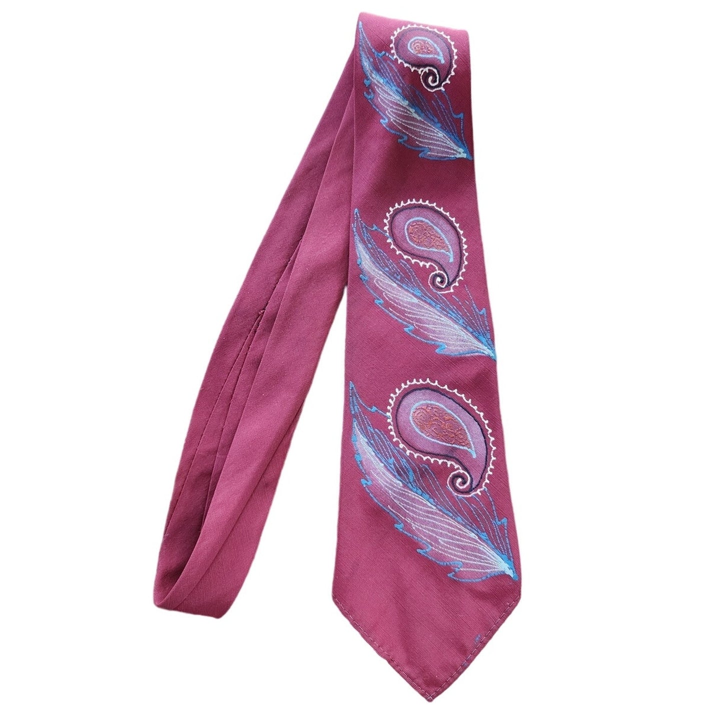 Vintage 1940s Mens Tie Burgundy Red Handpainted Paisley Towncraft