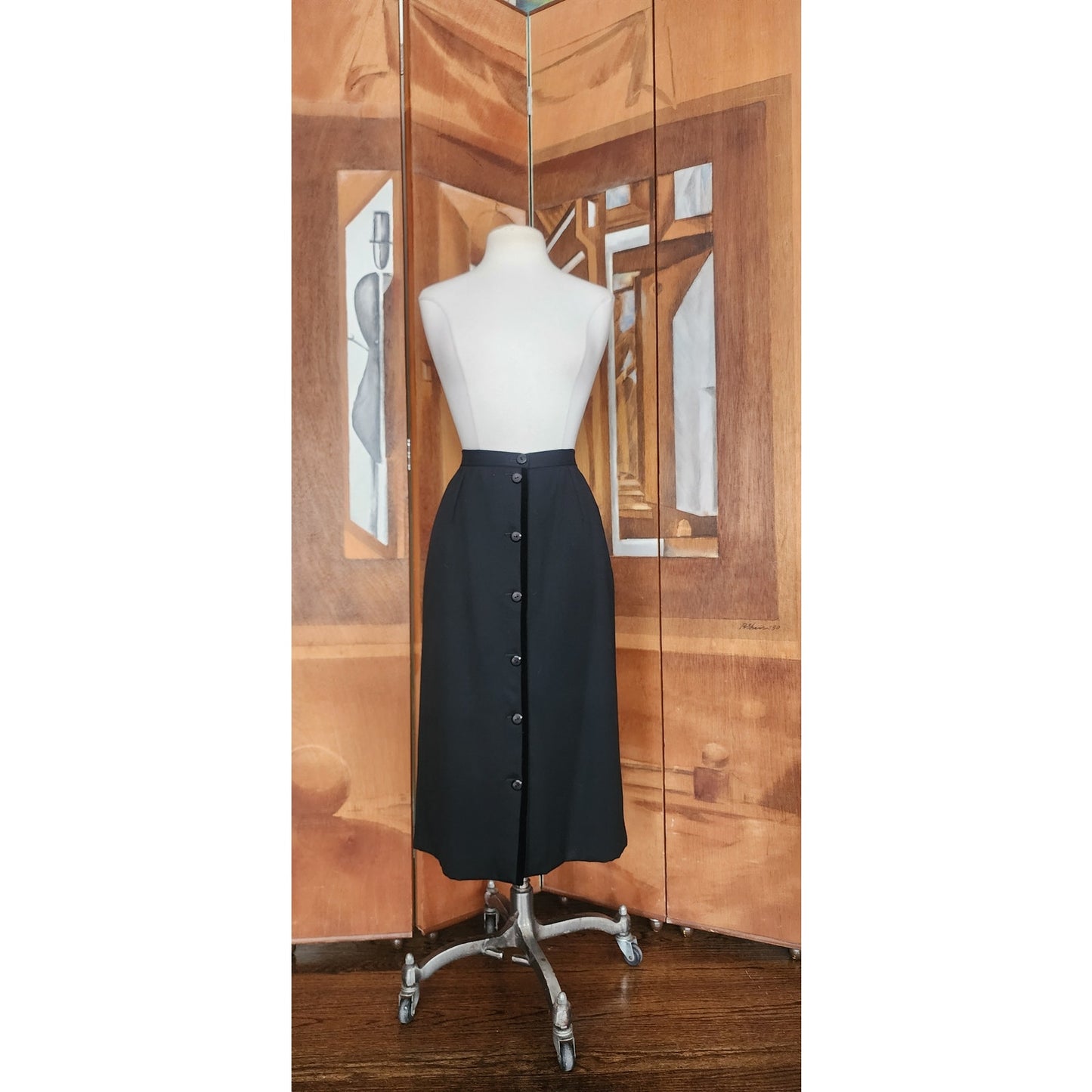 Vintage 1980s VALENTINO Pencil Skirt Black Wool Button Down Midi Medium