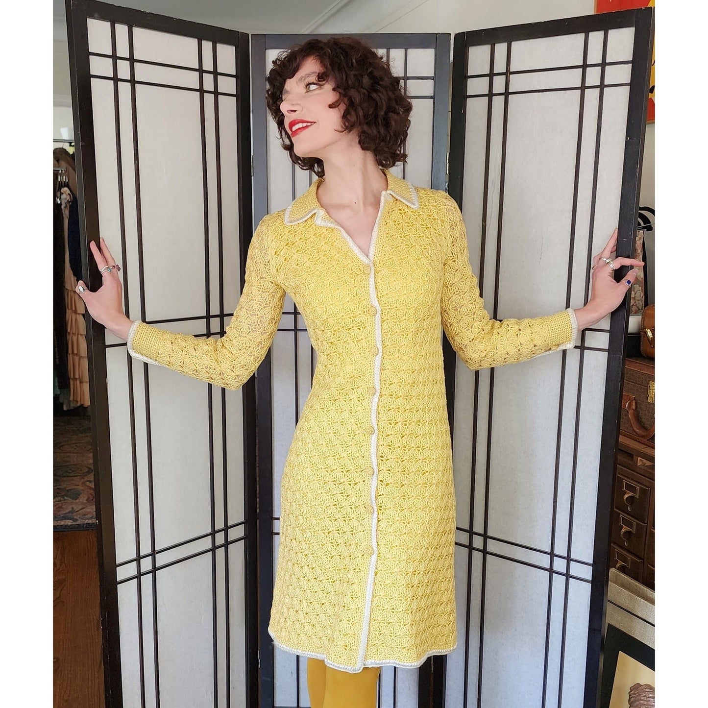 Vintage 60s Yellow Knit Dress Button Down Front Handmade France