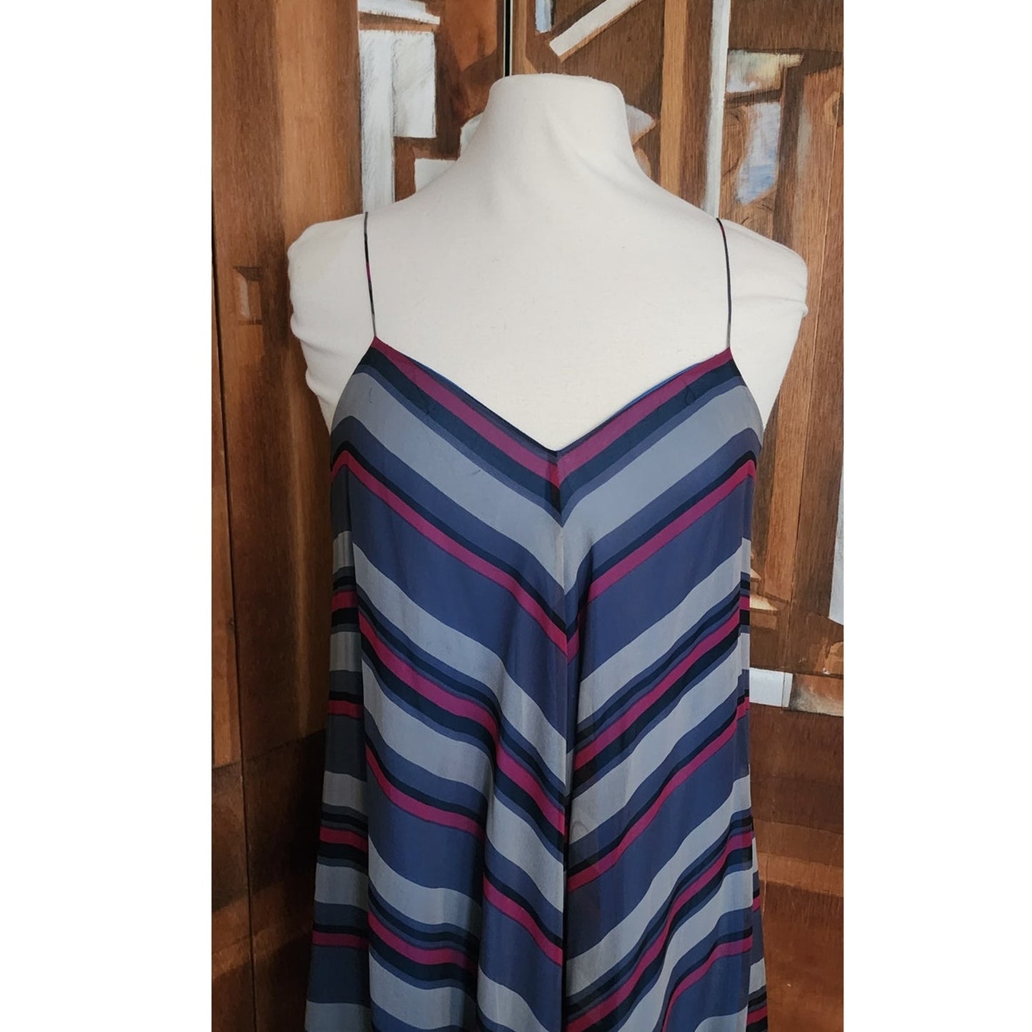 Vintage 70s Chiffon Silk Sun Dress Chevron Stripe Charlotte Ford Spaghetti Strap