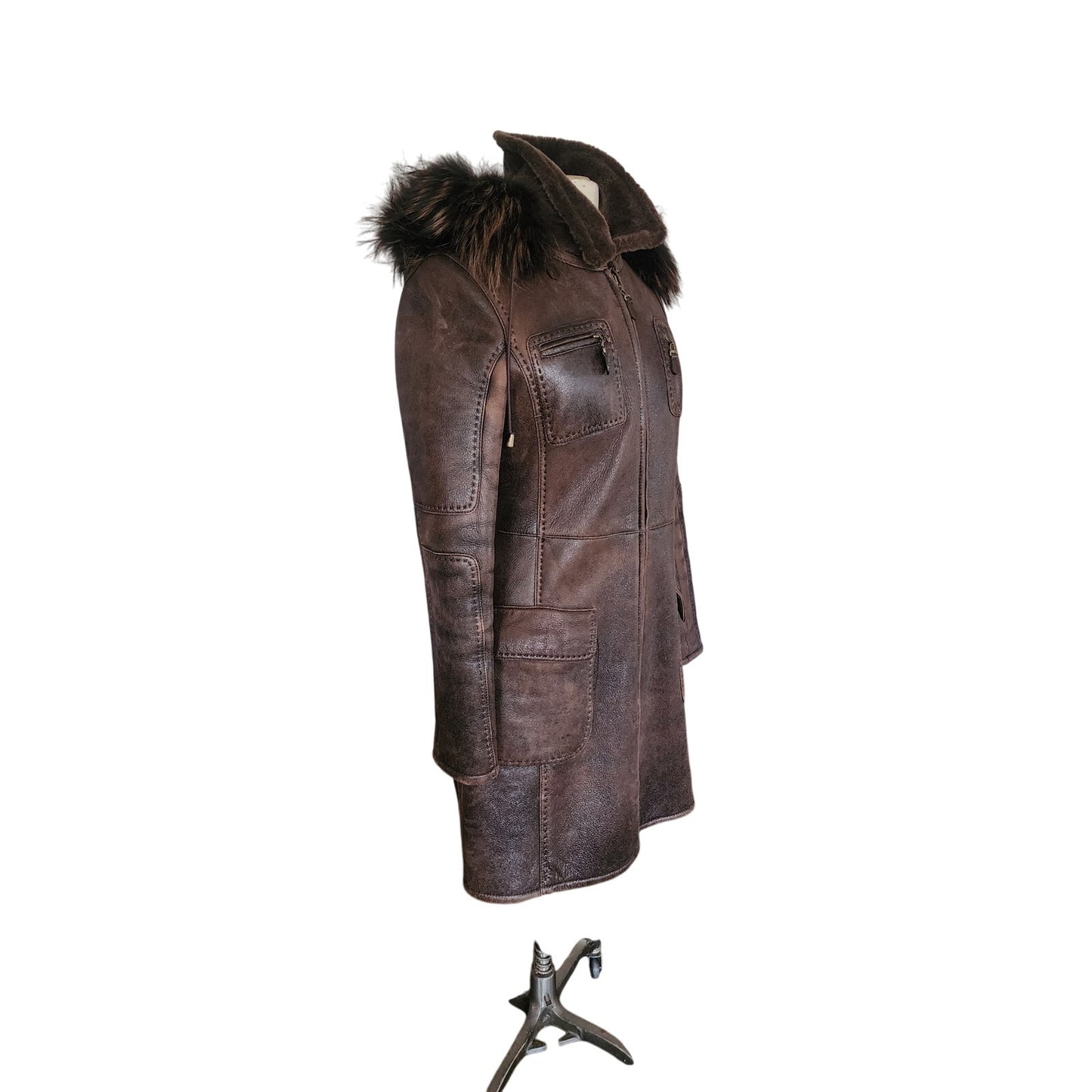 Vintage 2000s Brown Leather Parka Coat w/Fur Lined Hood & Shearling Liner Fitted S
