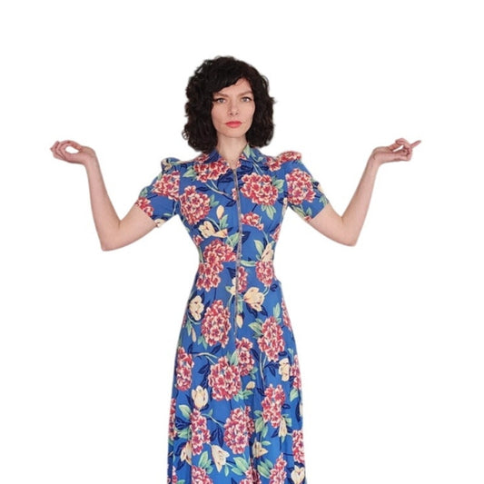 Vintage 30s Blue Floral House Dress Maxi Lounger Puff Sleeve Zip Front XS