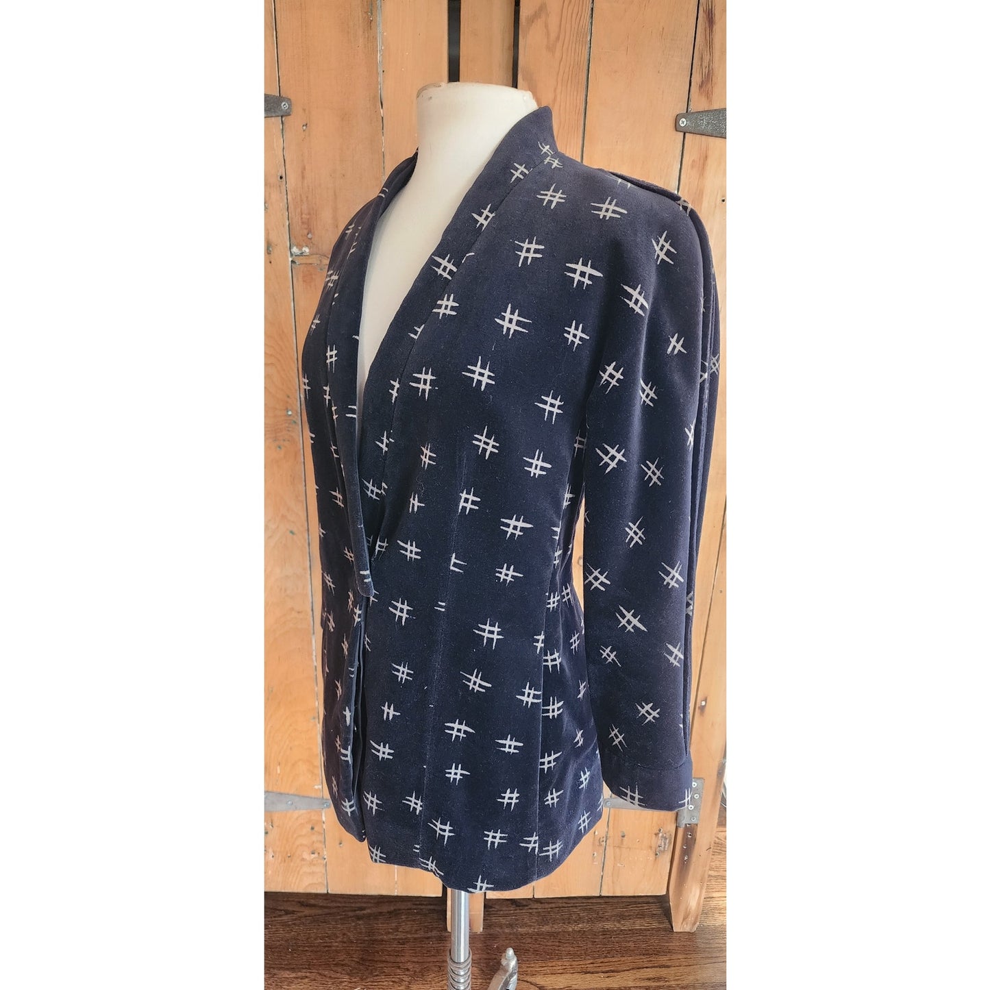 Vintage 80s Armani Blazer Womens Black Velvet Jacket w/ Cream Print / S