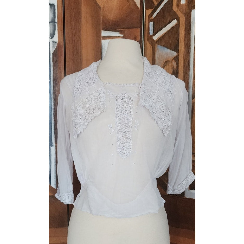 Antique Edwardian Blouse White Cotton Lace Embroidery Sailor Collar / S