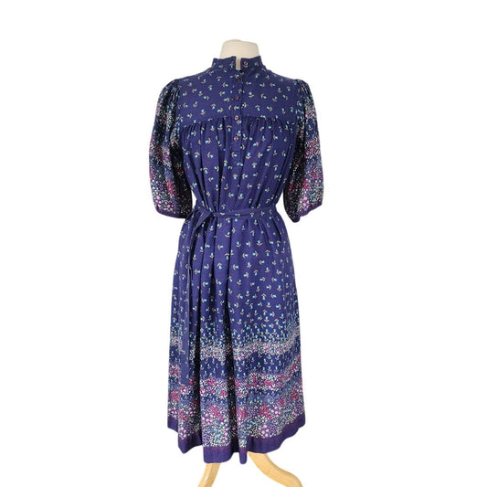 Vintage 70s Floral Print Dress Dark Blue Robbie Bee Neiman Marcus Prairiecore Farmcore Cottagecore Boho Hippie