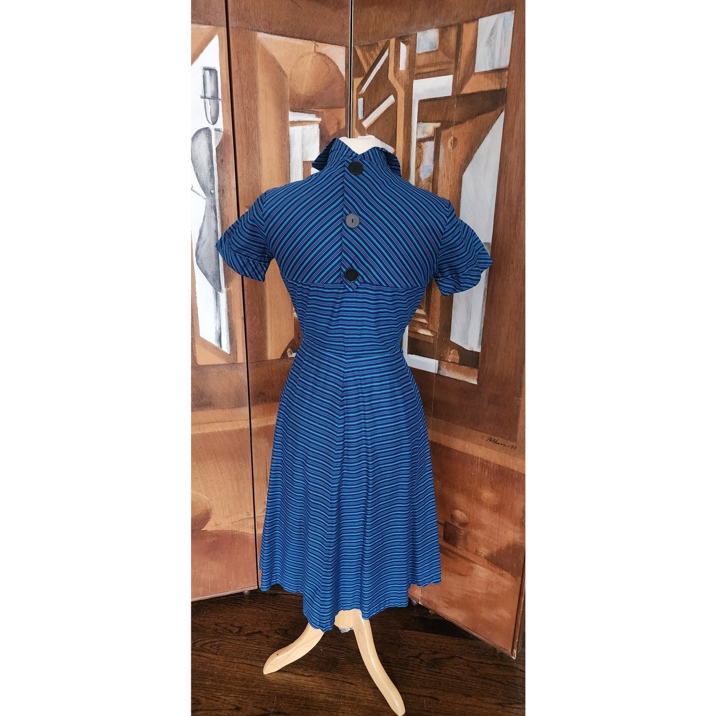 Vintage 50s Glenbury for Huntington Blue Striped Fit & Flare Day Dress