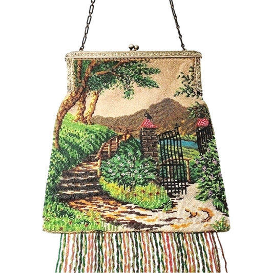 Vintage 20s Beaded Bag Pictorial Landscape Scene