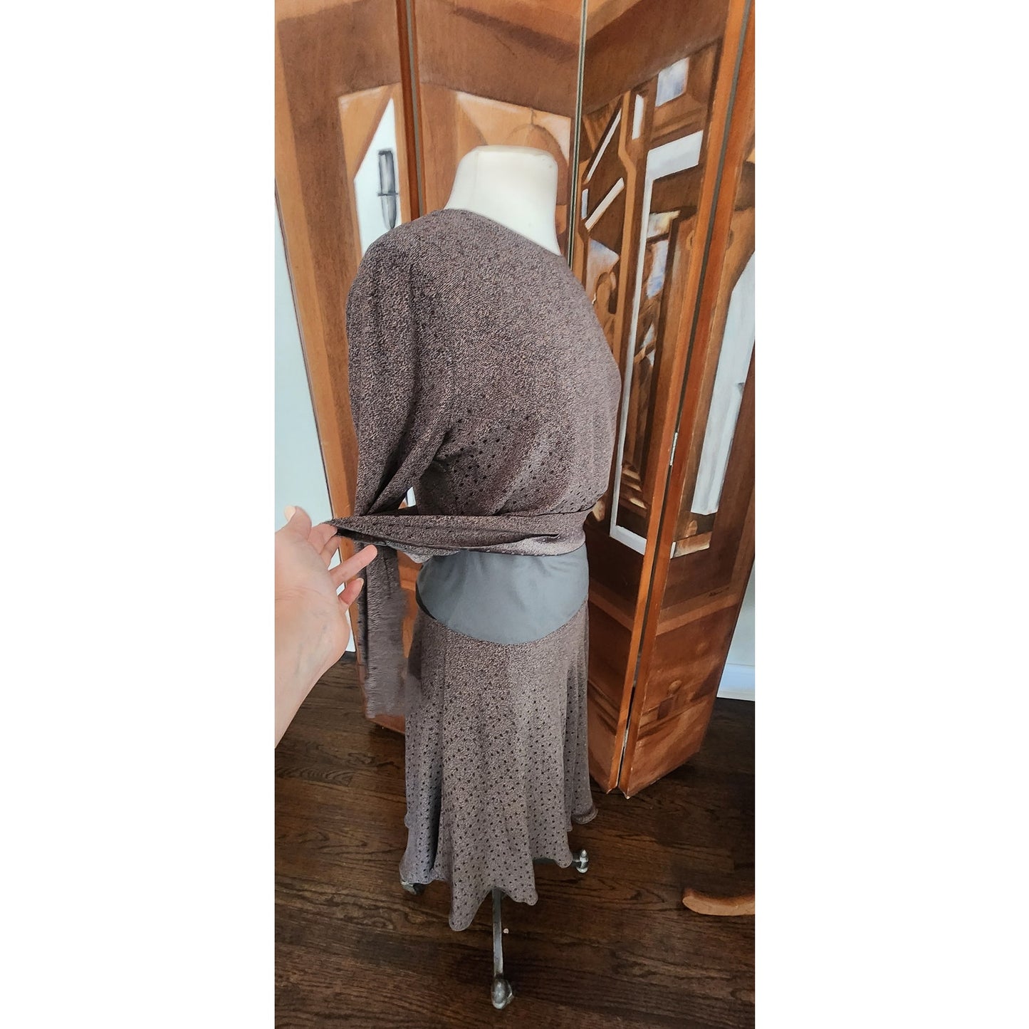 Vintage 1980s Giorgio Armani Dress Gray Silk Abstract Print Midi Long Sleeve