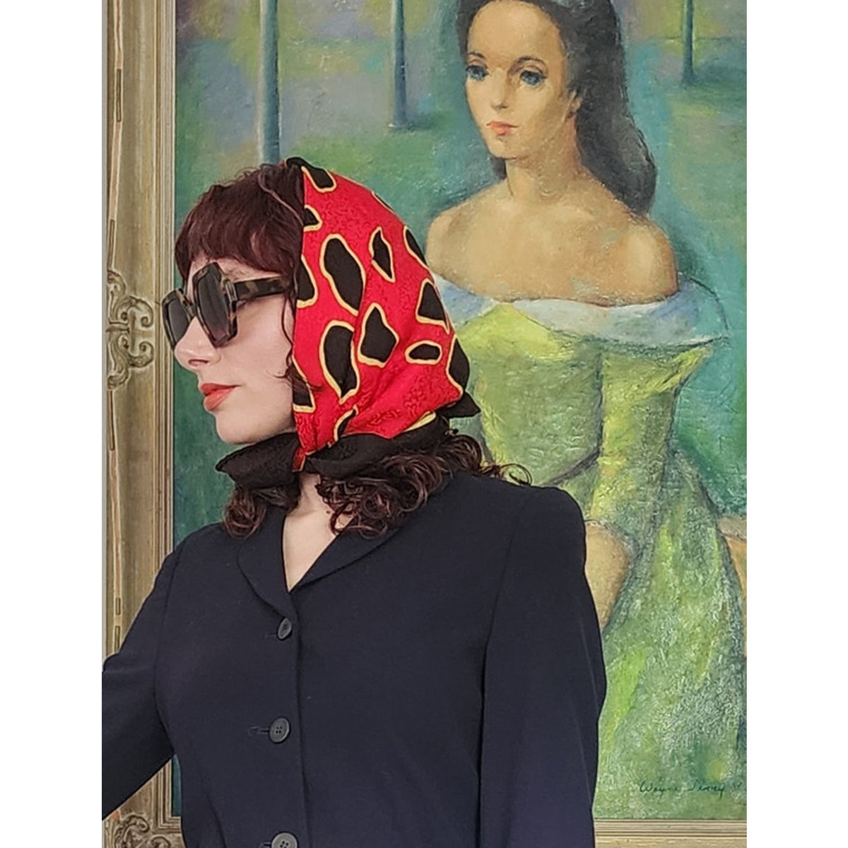Vintage St John Knit Scarf Silk Print Square Red Black Gold Square