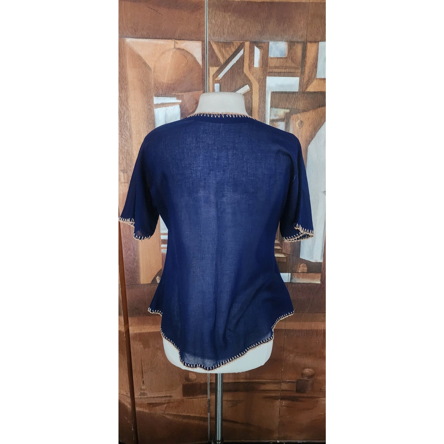 Vintage 70s 80s Royal Blue Gold Embroidered Tunic Top Sequin Caftan Blouse
