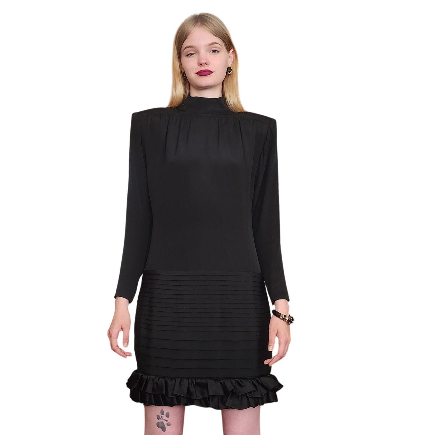 Vintage 80s Galanos Dress Black Silk Crepe Drop Waist Pleated Skirt Satin w/Satin Ruffle