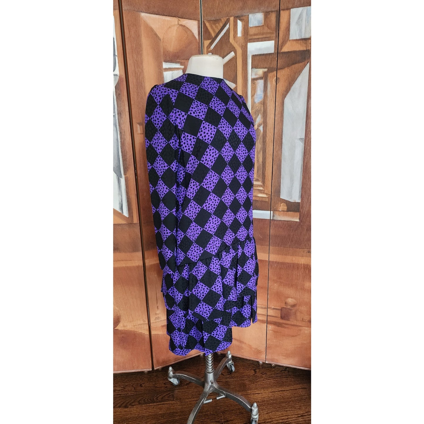 Vintage 80s GIVENCHY Silkprint Dress Purple Black Harlequin Diamonds Long Sleeved
