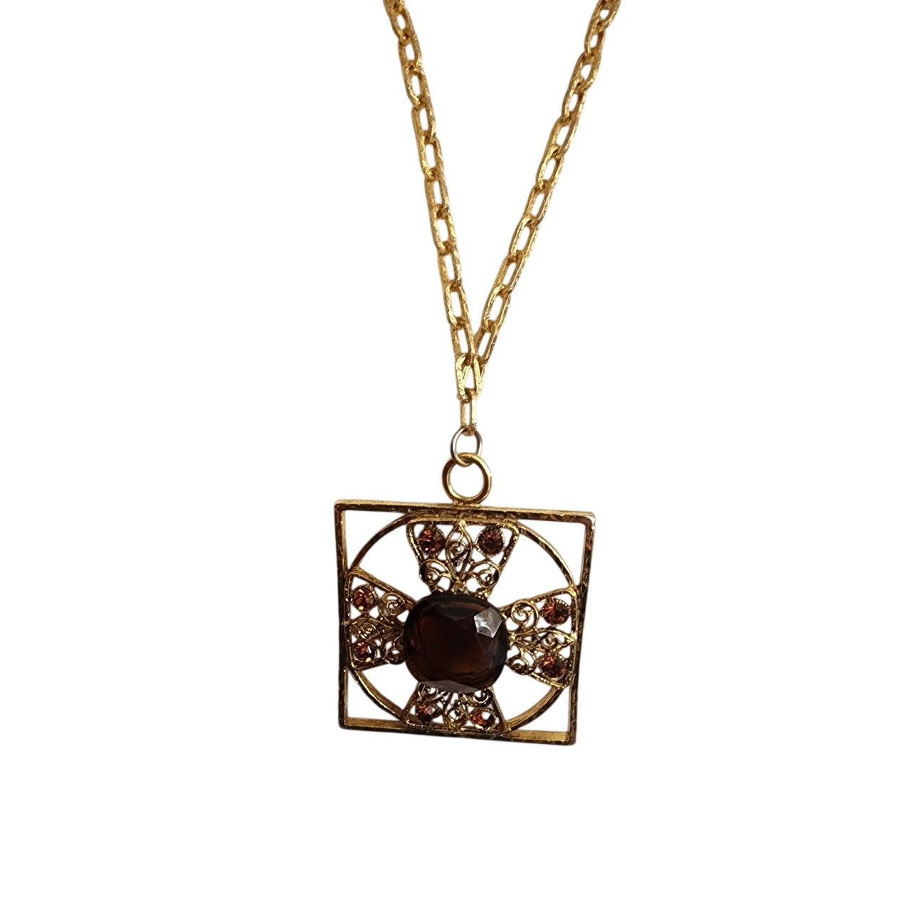 Vintage 60s Baroque Pendant Necklace Maltese Cross Gold Amber Brown Glass