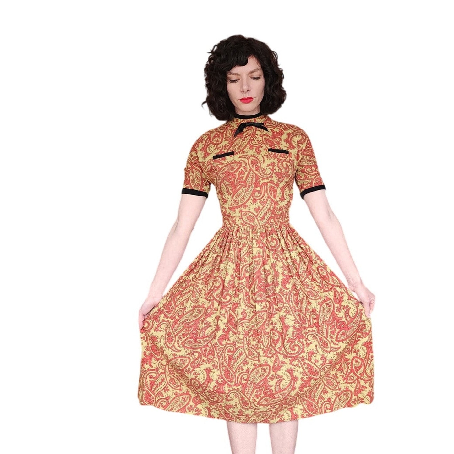 Vintage 50s Orange Paisley Print Midi Dress Carole King Junior Fashions / XS