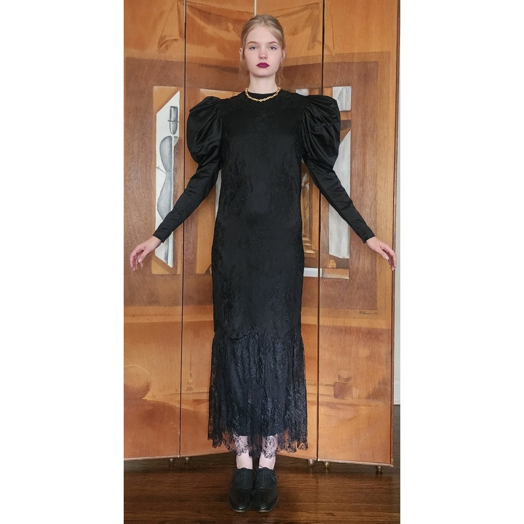 Vintage 80s GALAN0S Couture Dress Black Lace Evening Gown Sculpted Puffed Shoulders
