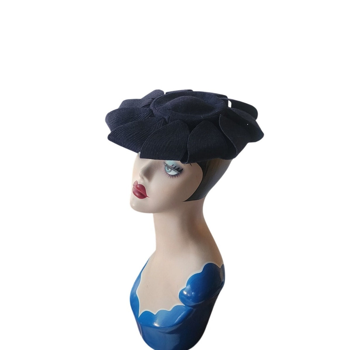 Vintage 1930s Tilt Hat Austelle Navy Blue Structured Saucer Modernist Sculpted