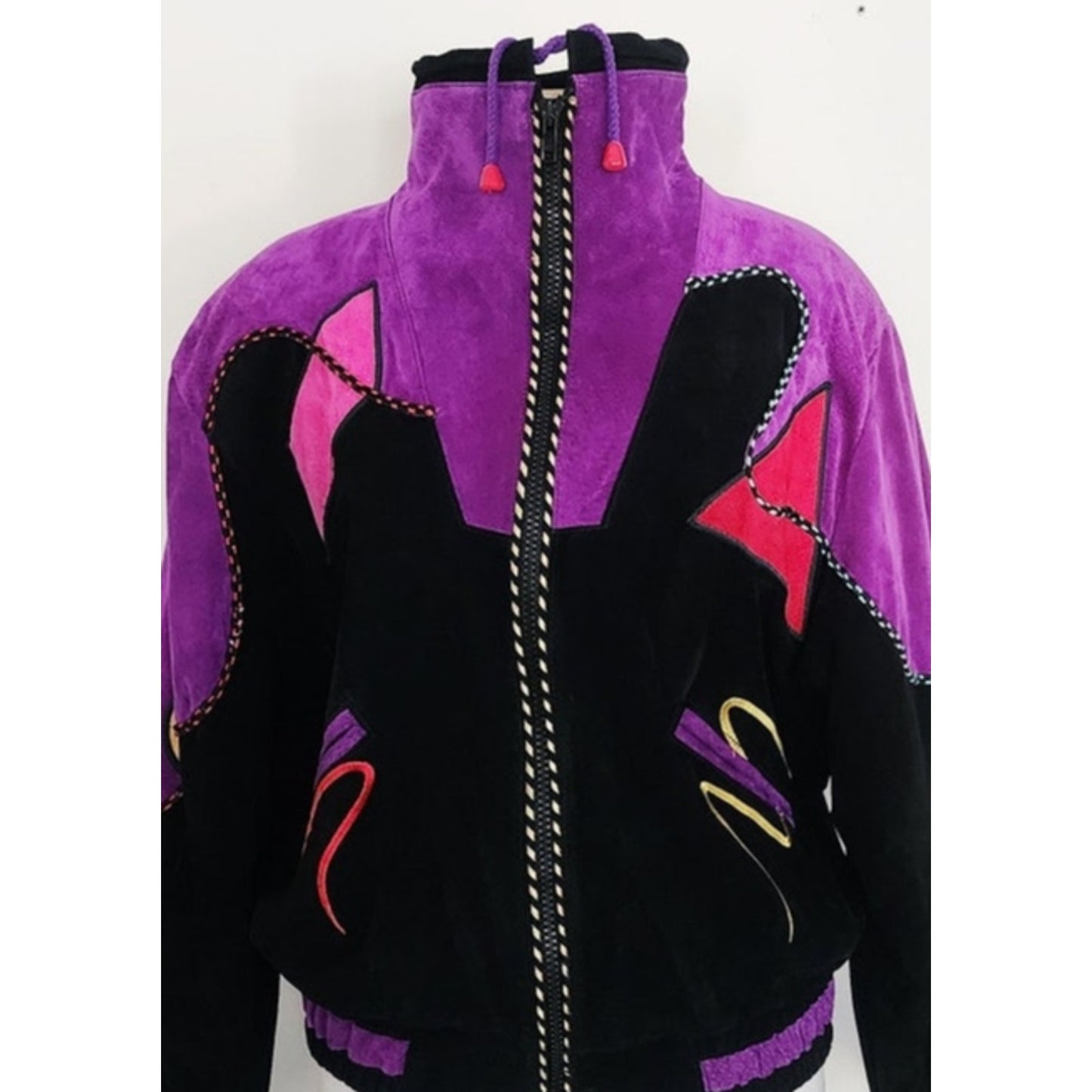 Vintage 80s Suede Bomber Jacket Multicolored Patchwork Applique Mesa Ridge M