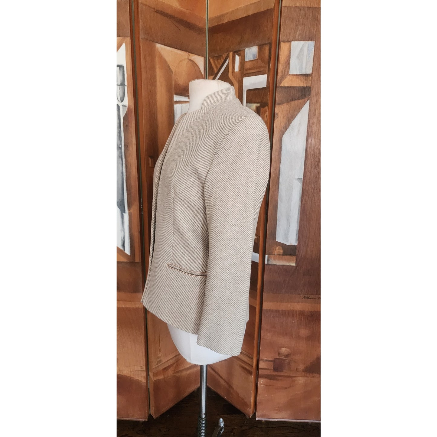 Vintage 1970s Bally Blazer Beige Wool Band Collar Jacket Medium