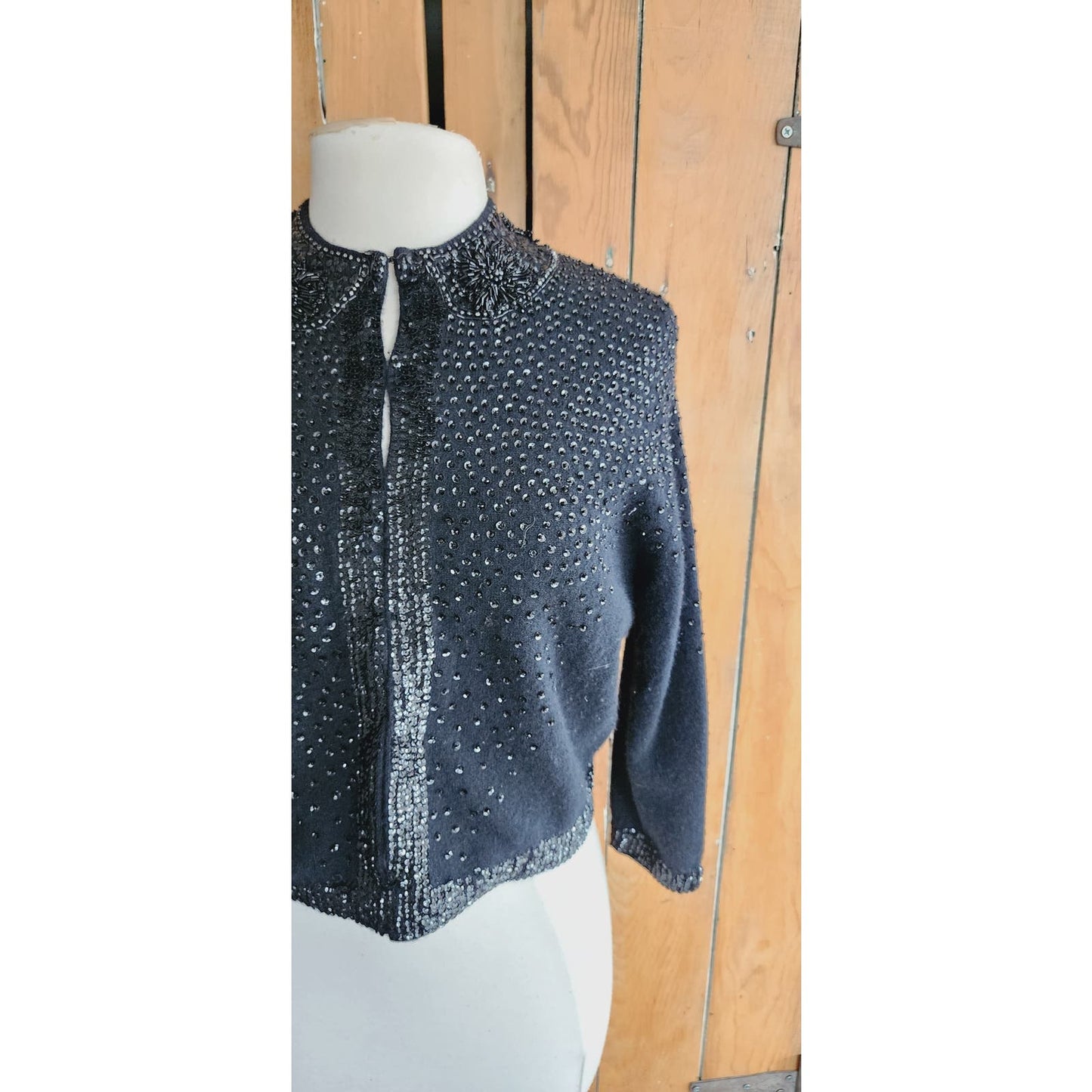 Vintage 50s Beaded Cardigan Black Angora Wool