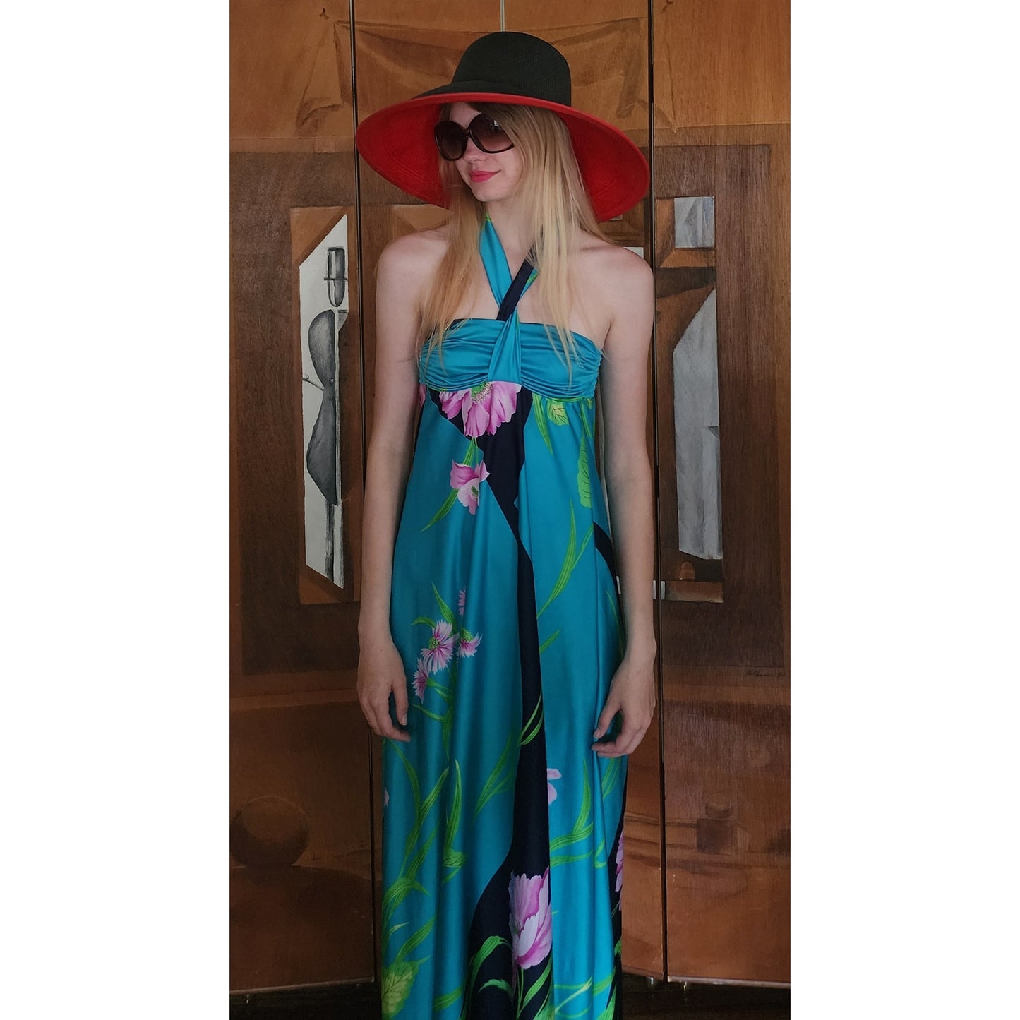 Vintage 1980s Kokin Hat Wide Brim Sun Straw Fuchsia Red Black Summer Oversized