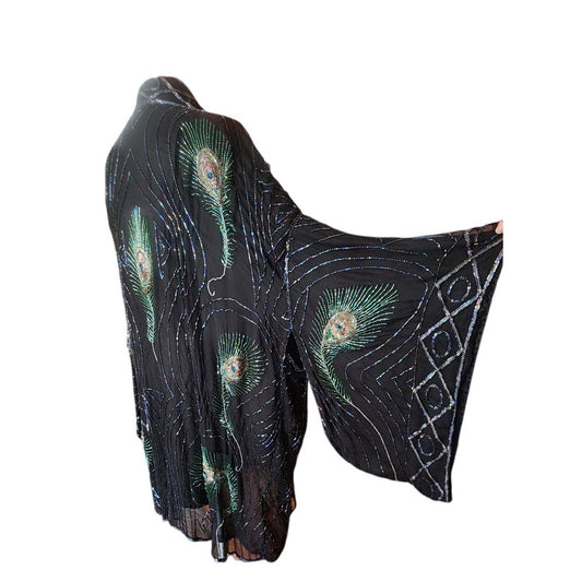 Vintage 1990s Evening Kimono Jacket Shimmering Peacock Feathers Beaded Black Duster Boho Chic Art Nouveau Deco