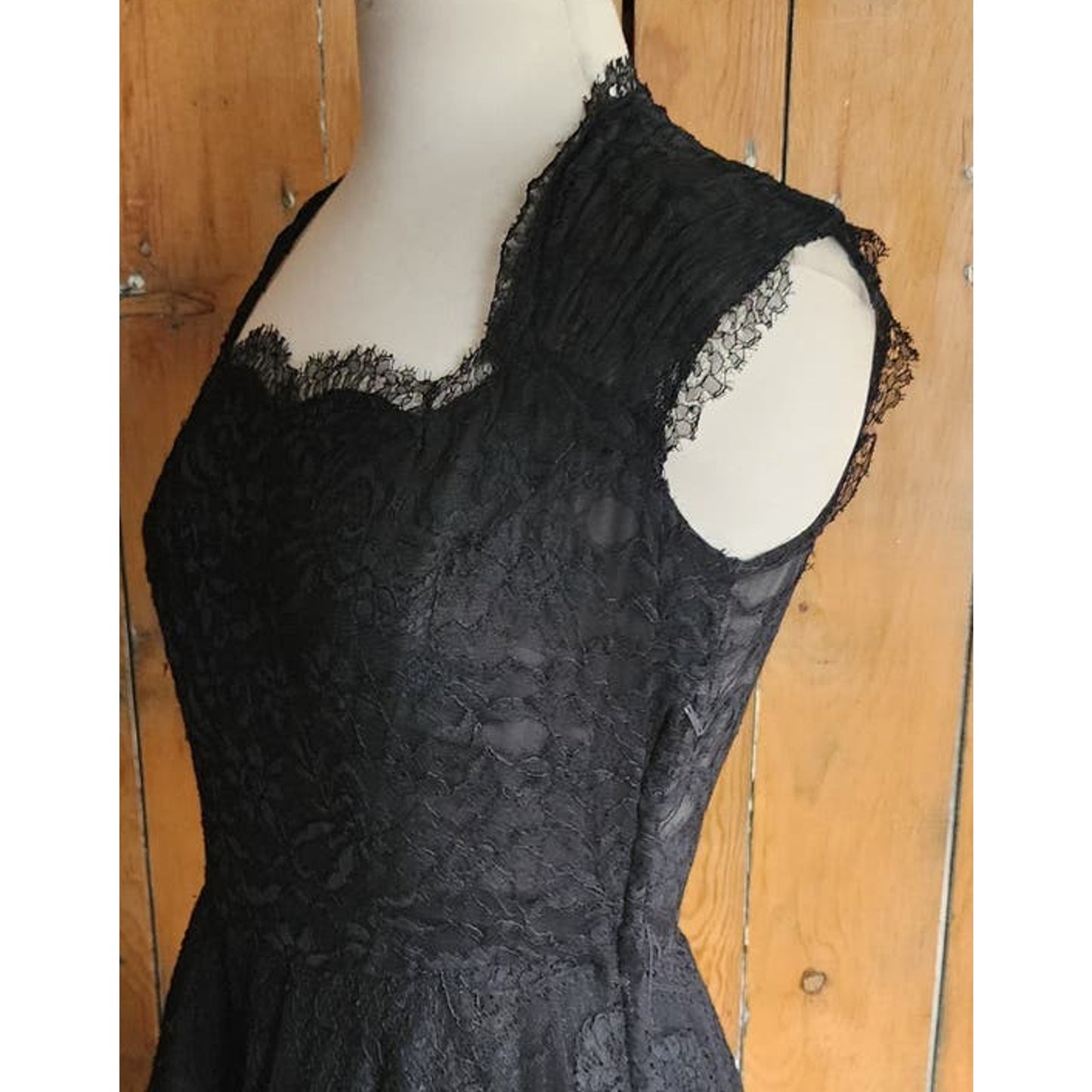 Vintage 50s Black Party Dress Tulle Lace Rhinestones M