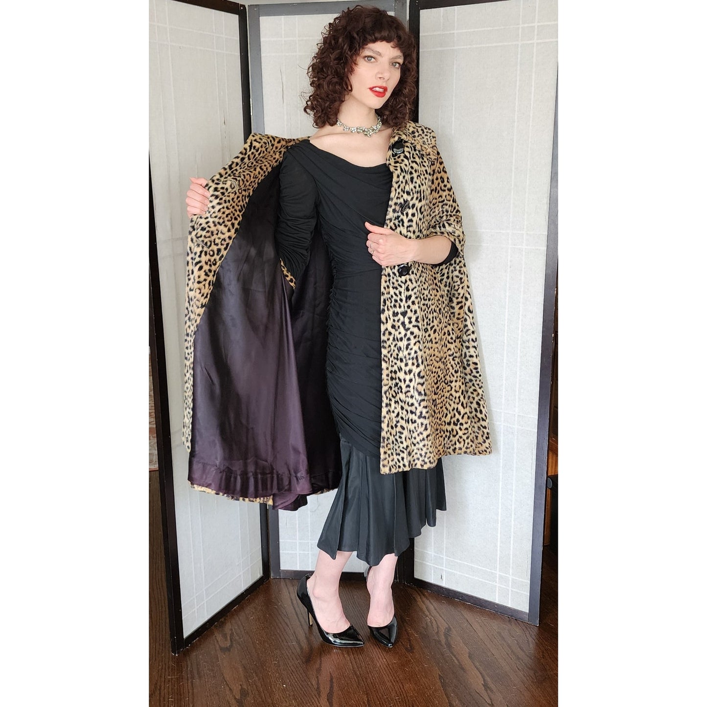Vintage 60s Animal Print Cape Leopard Faux Fur Cloak Poncho Swing Style Coat