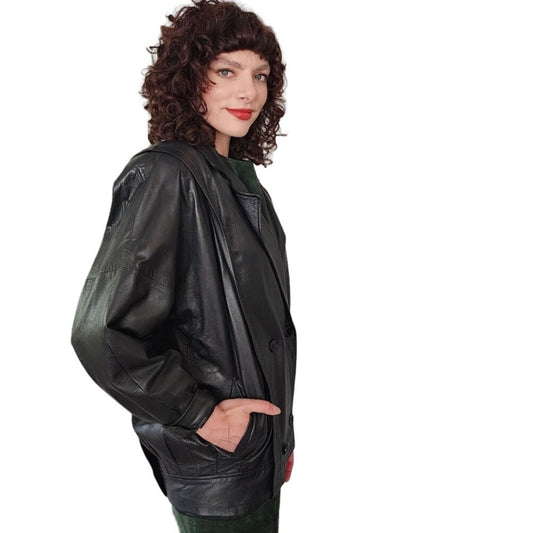 Vintage 80s Black Leather Jacket, Oversized, Italy