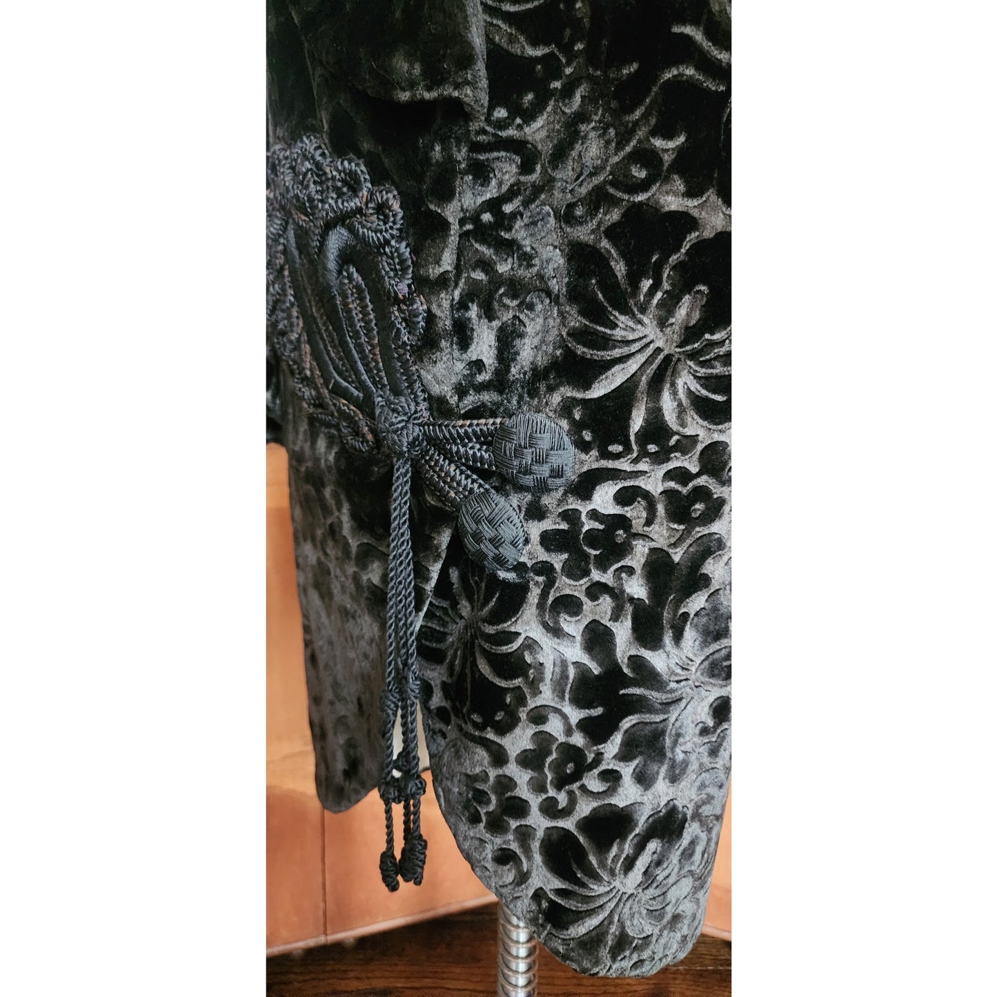 Antique 1910s 20s Edwardian Art Deco Black Textured Silk Velvet Opera Coat Frock Jacket with Silk Chord Knot Closure