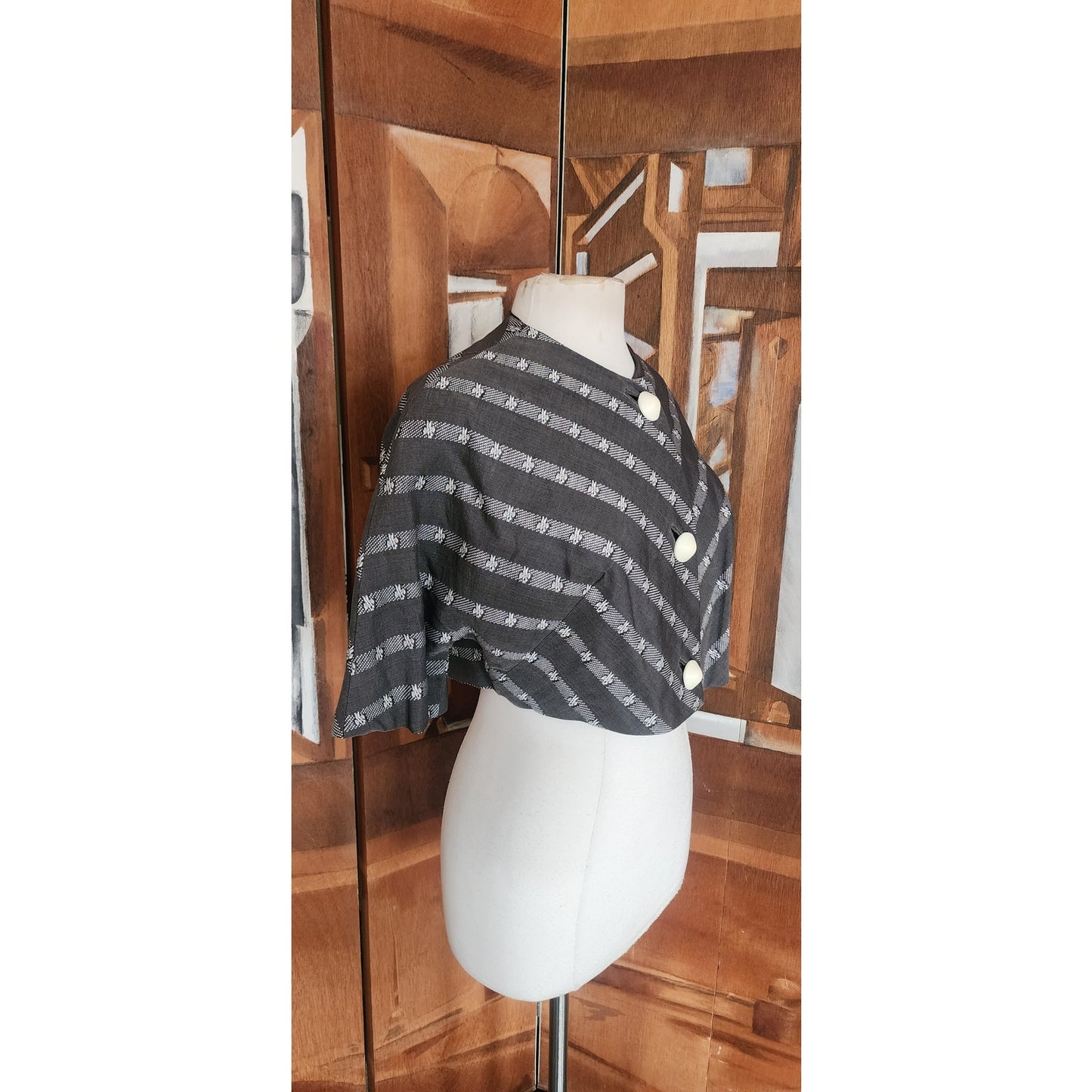 Vintage 50s Cropped Bolero Jacket "Topaz Original" Grey Striped Rockabilly Large