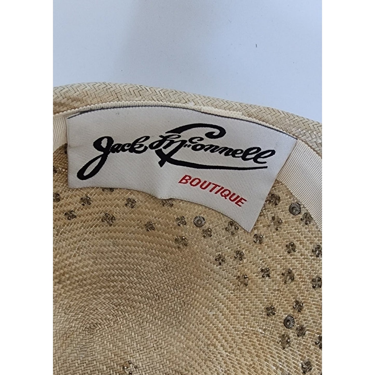 Vintage Jack McConnell Hat Asymmetrical Cream Straw Pearls Studs