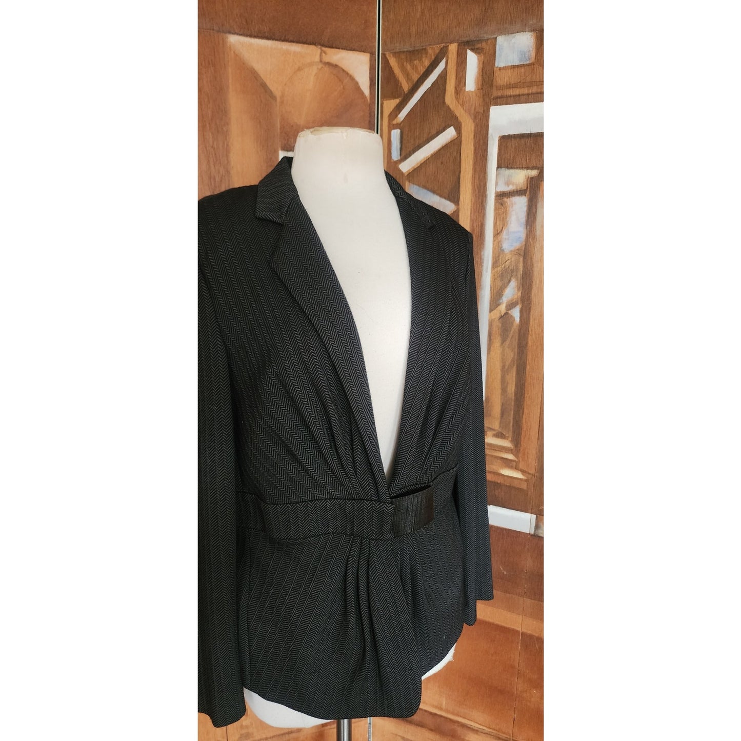 Vintage 2000s Armani Blazer Gray Herrinbone Wool Fitted Jacket Buckle Closure