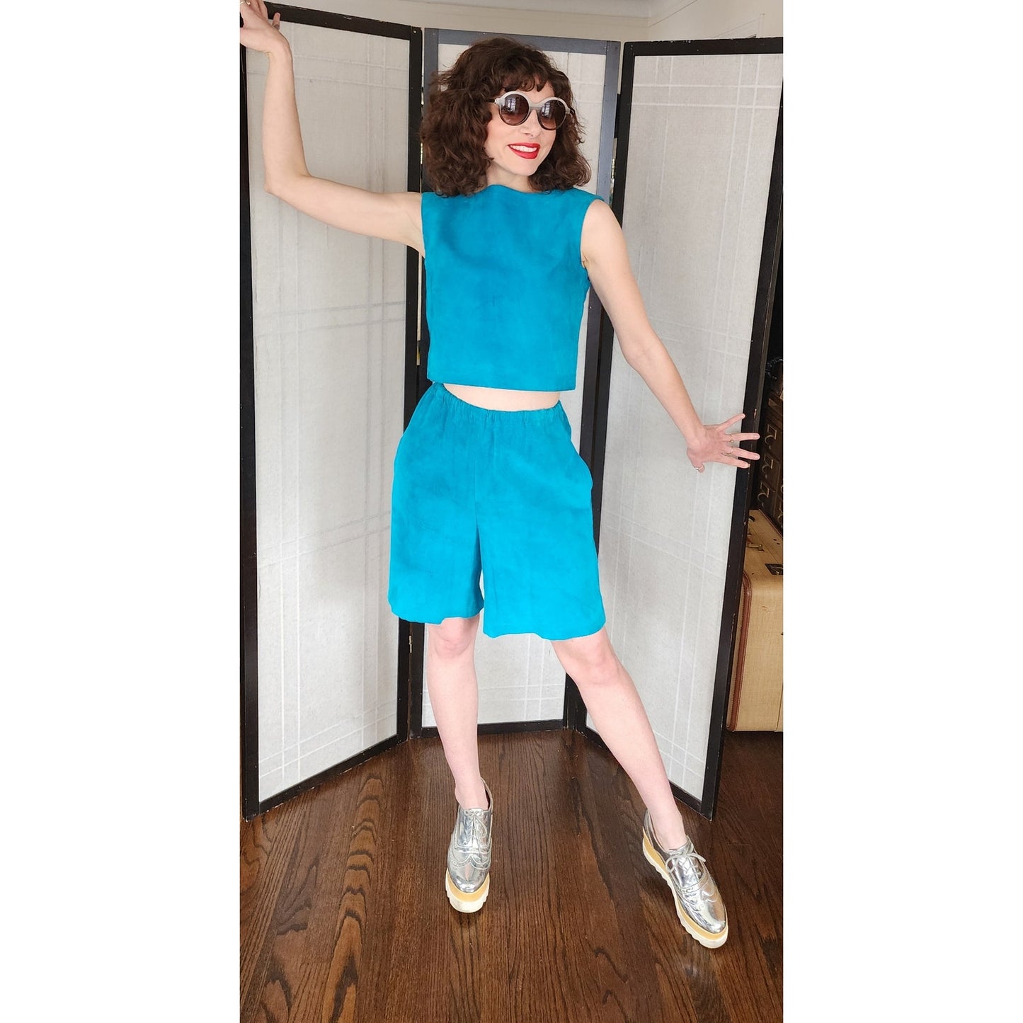 Vintage 80s Blue Suede Shorts + Top Set by Maxima