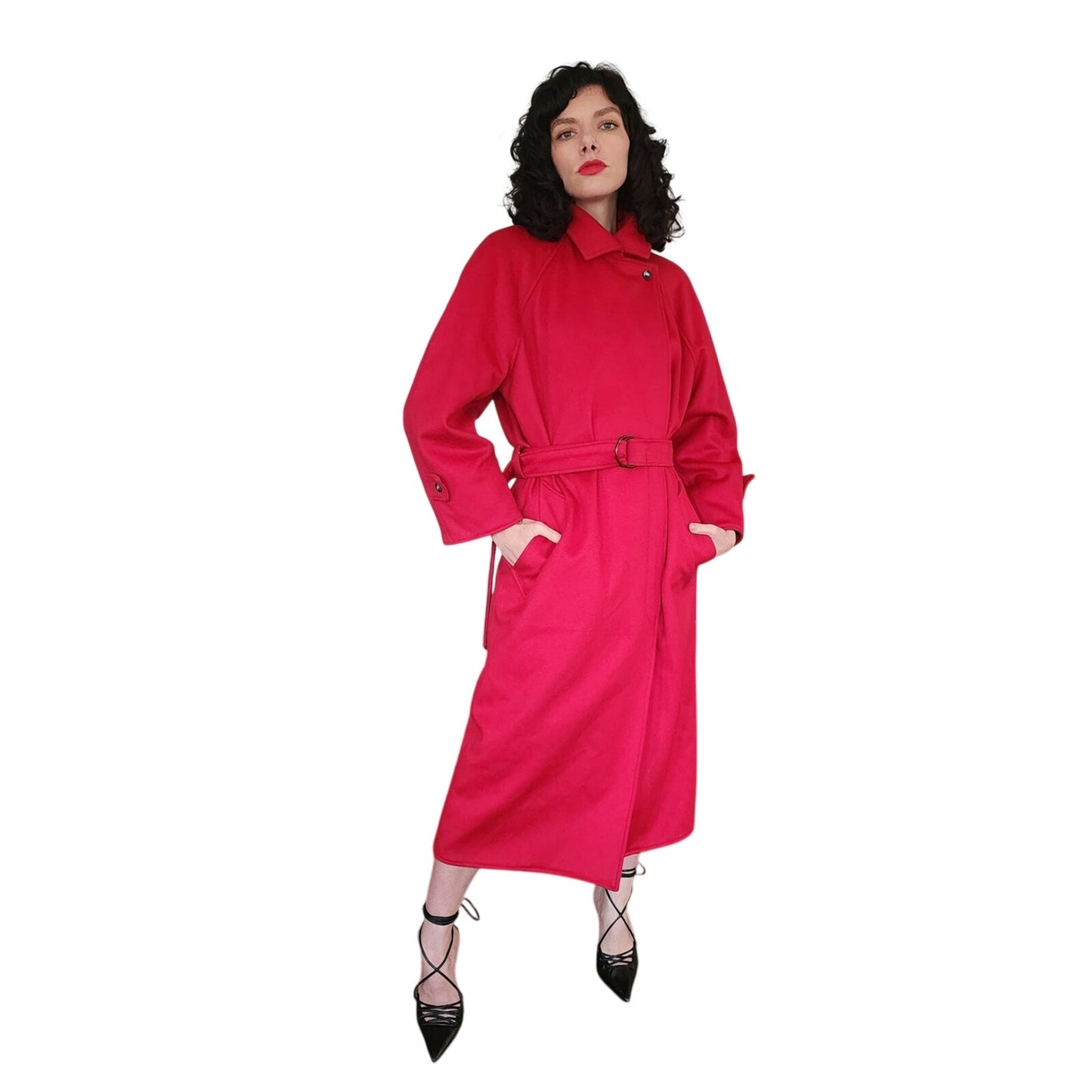 Vintage 80s Red Wool Coat Long w/Belt Ramosport Paris