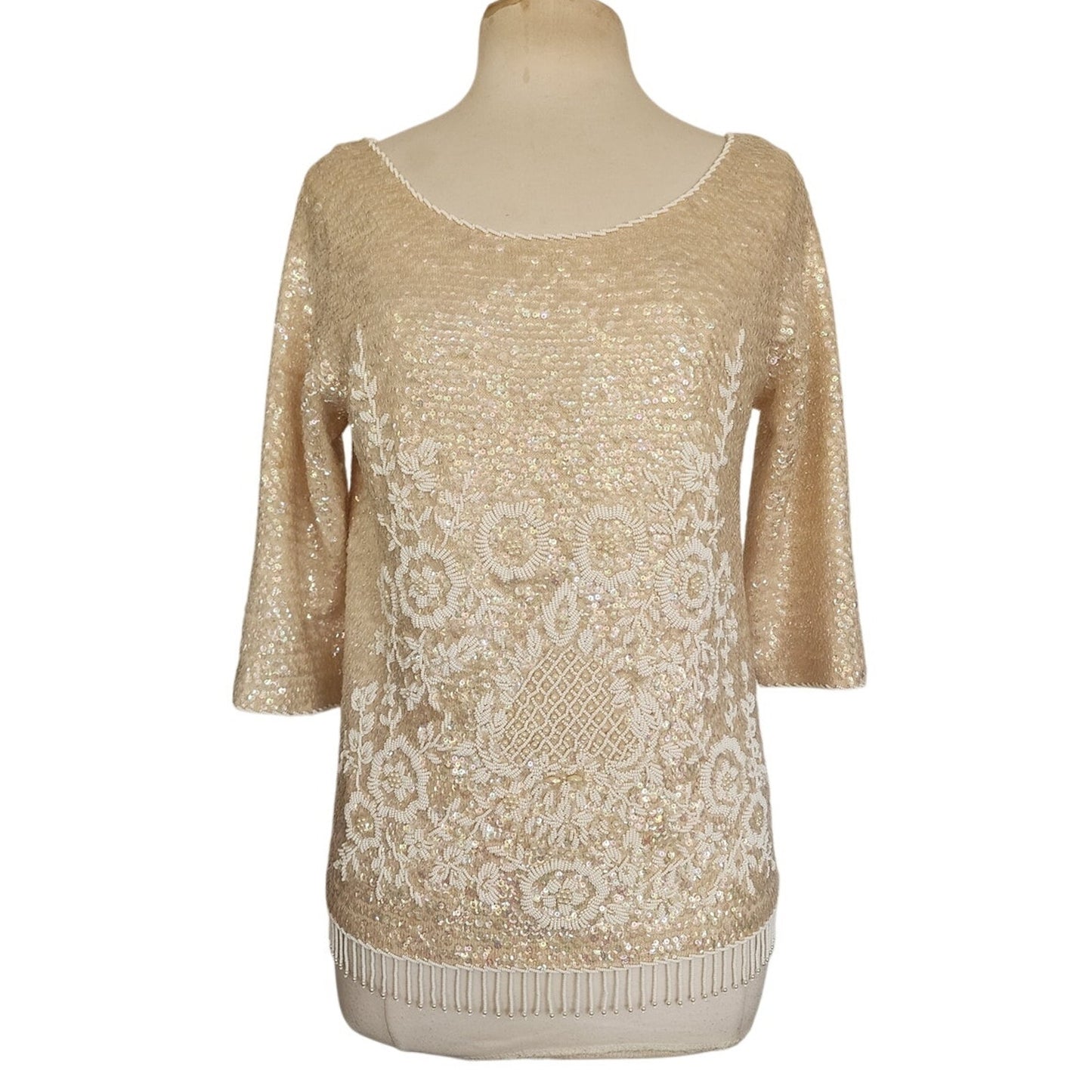 Vintage 60s Beaded Sequined Top Cream Wool Long Sleeved Regalia Imports Hong Kong