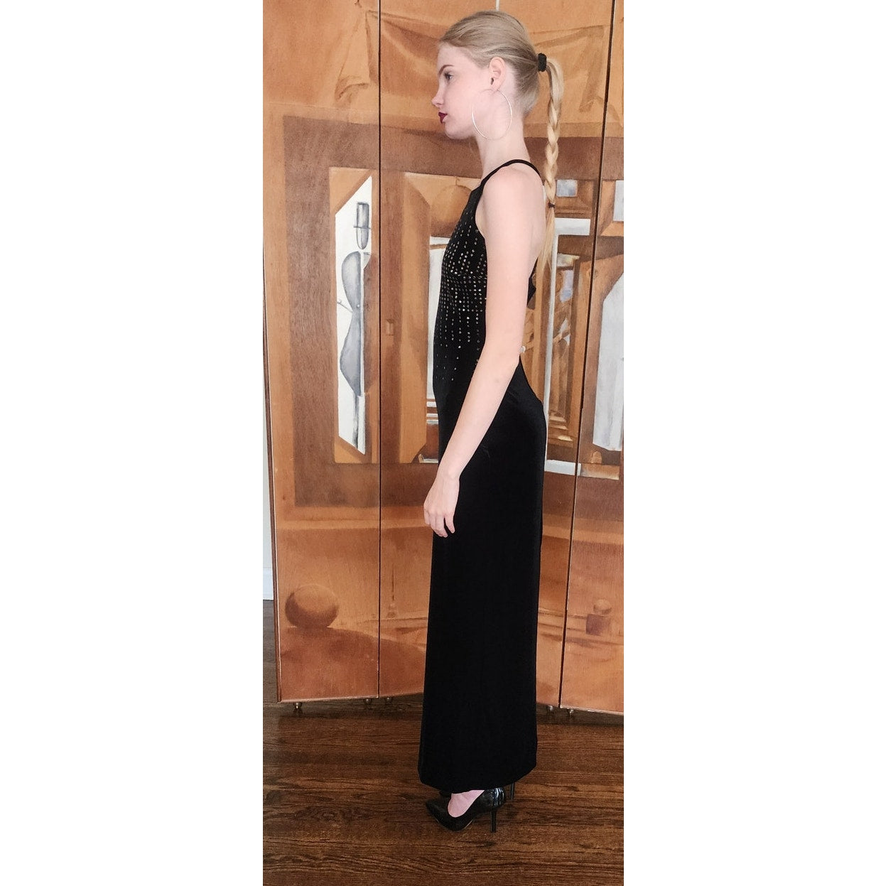 VTG 90s Y2K Aspeed Dress Black Velvet Rhinestone Studs Halter Maxi Gown Prom M