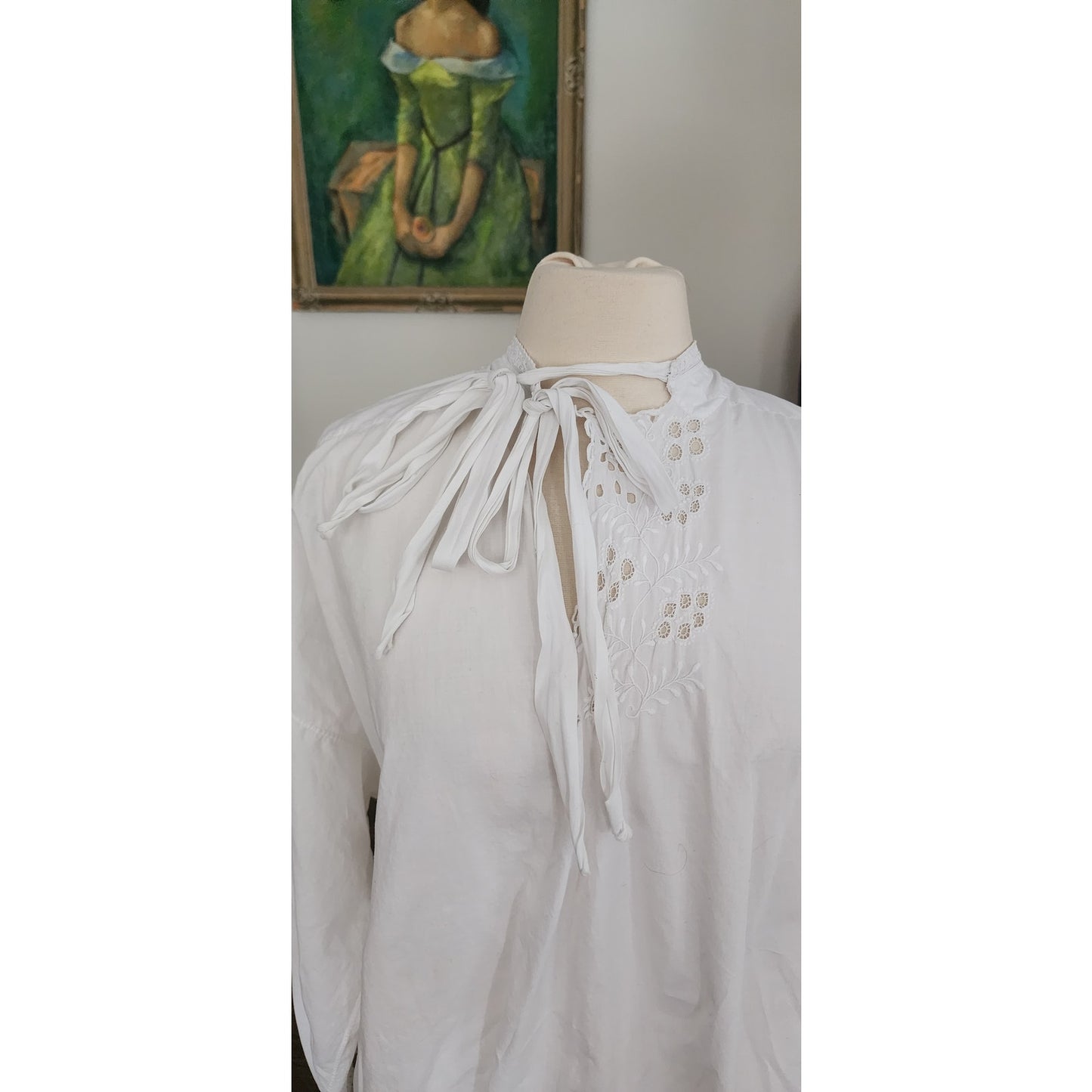 Antique Edwardian Poet's Blouse White Cotton Tunic Shirt w/ Embroidered Crochet Lace Sash Tie