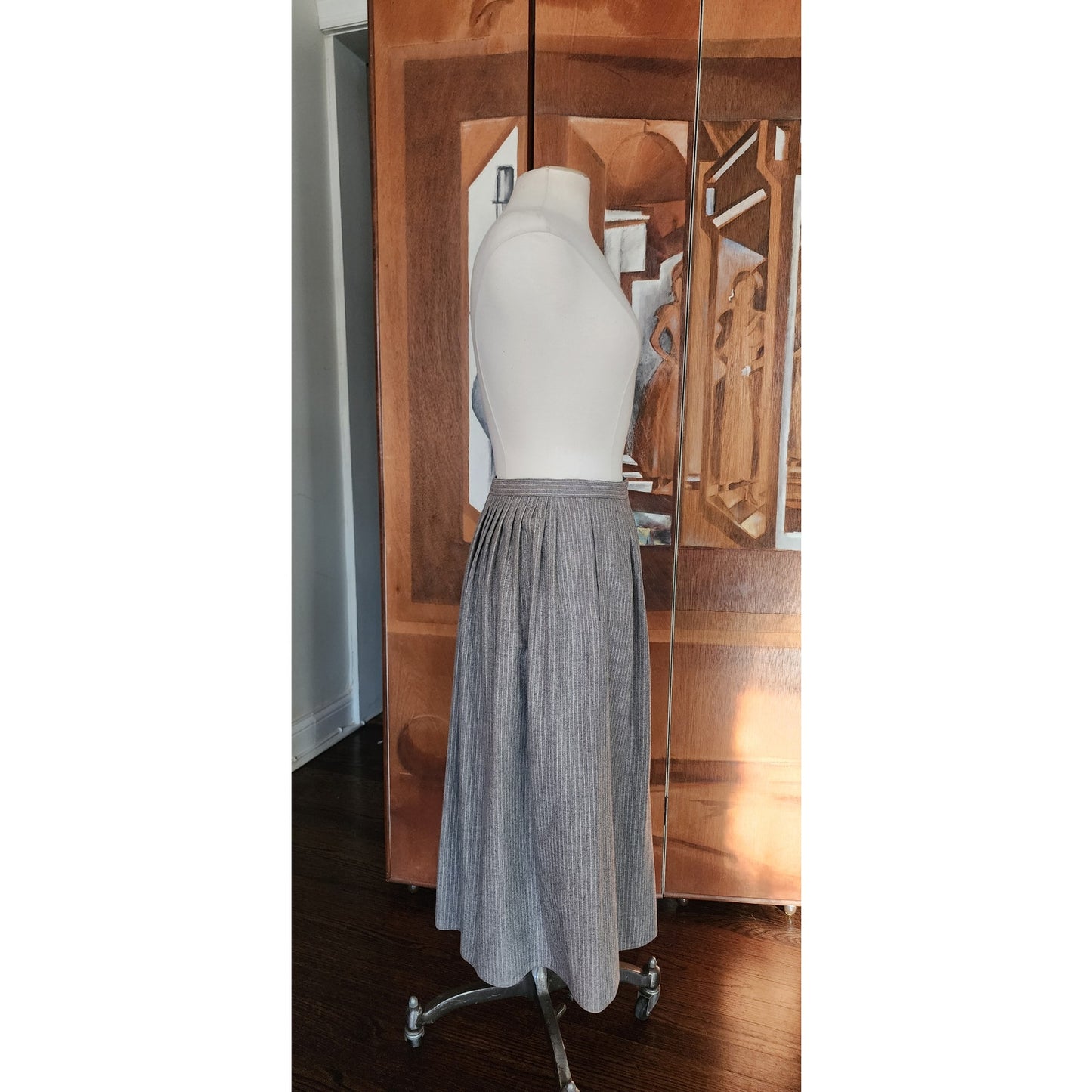 Vintage 70s Geoffrey Beene Bag Midi Skirt Gray Pinstriped Wool A Line / M