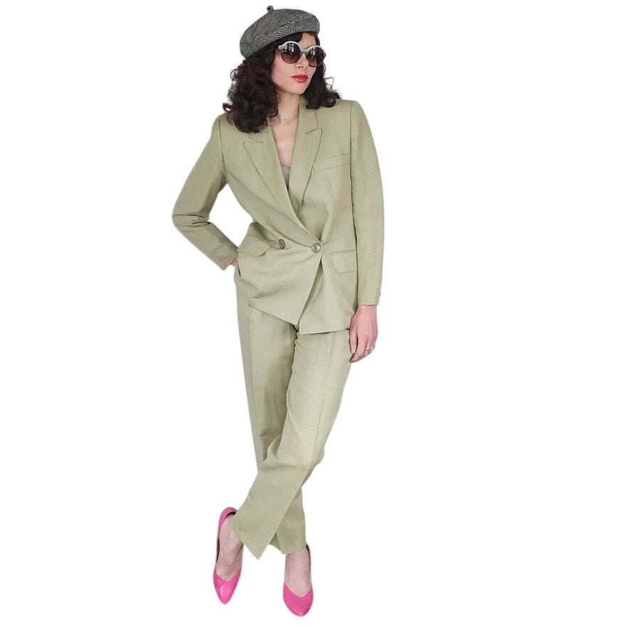 Vintage 80s Designer Pant Suit Pale Green Linen Collectible Gold Giorgio Sant Angelo