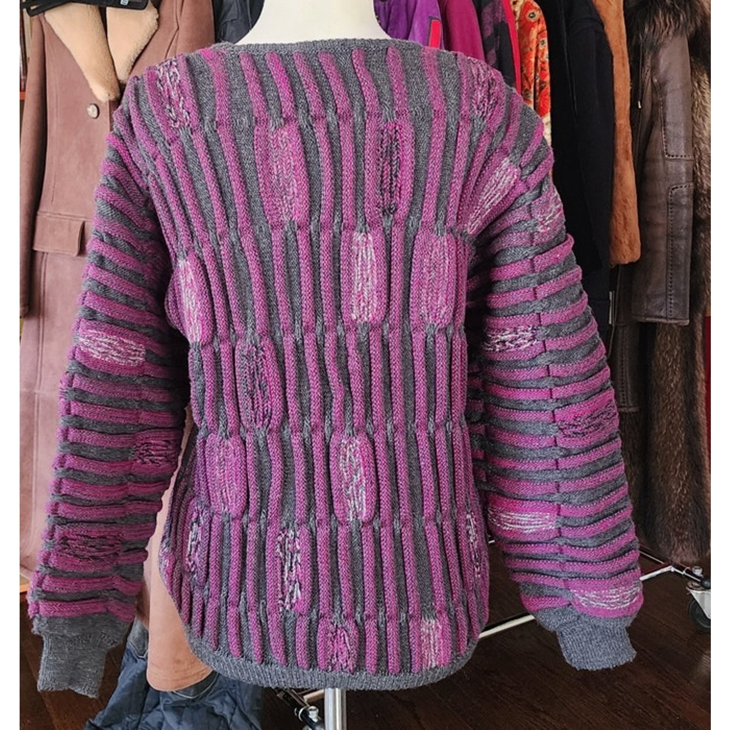 Vintage 80s Ros Joffe Sweater Mens Purple Black Wool 3D Novelty Knit / M