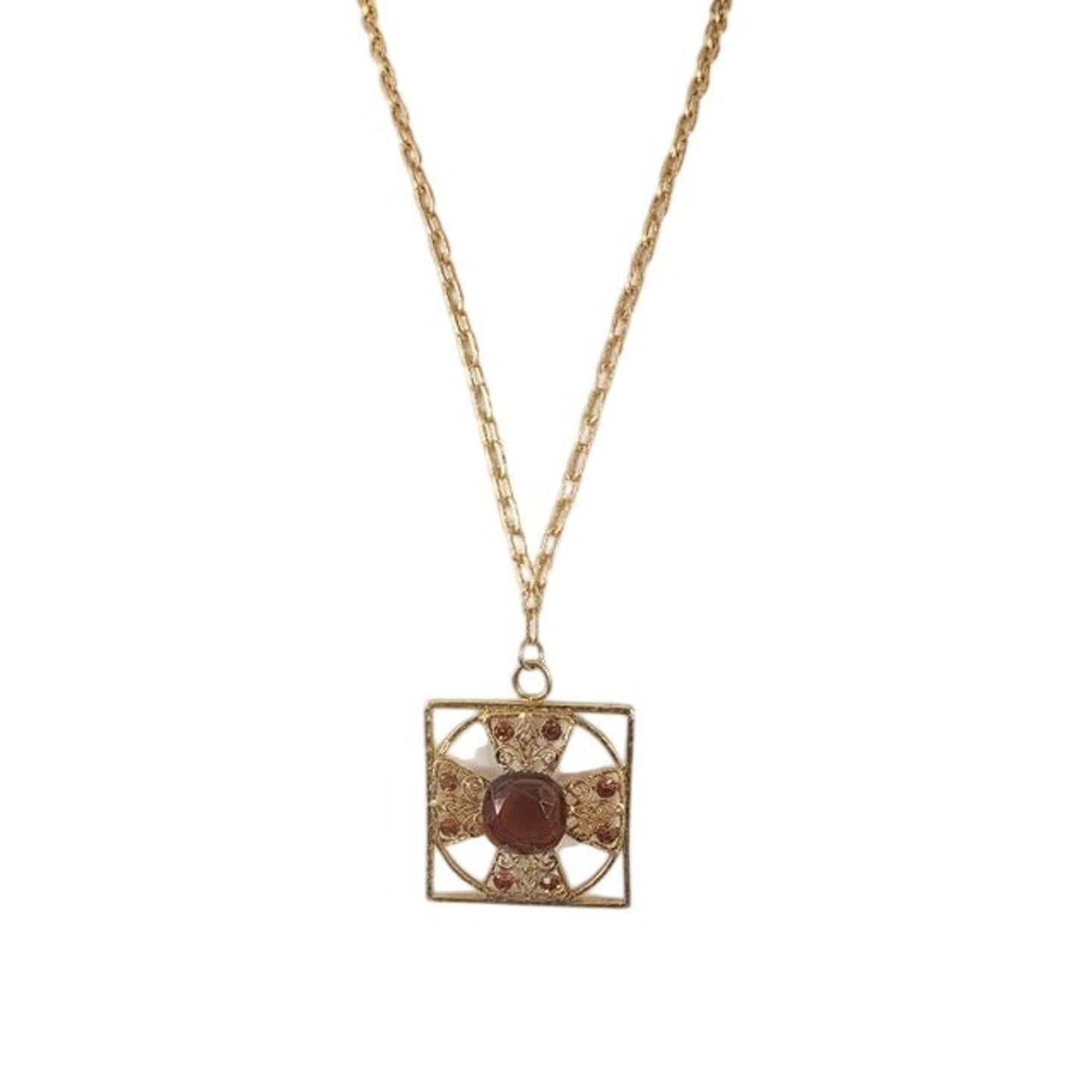 Vintage 60s Baroque Pendant Necklace Maltese Cross Gold Amber Brown Glass