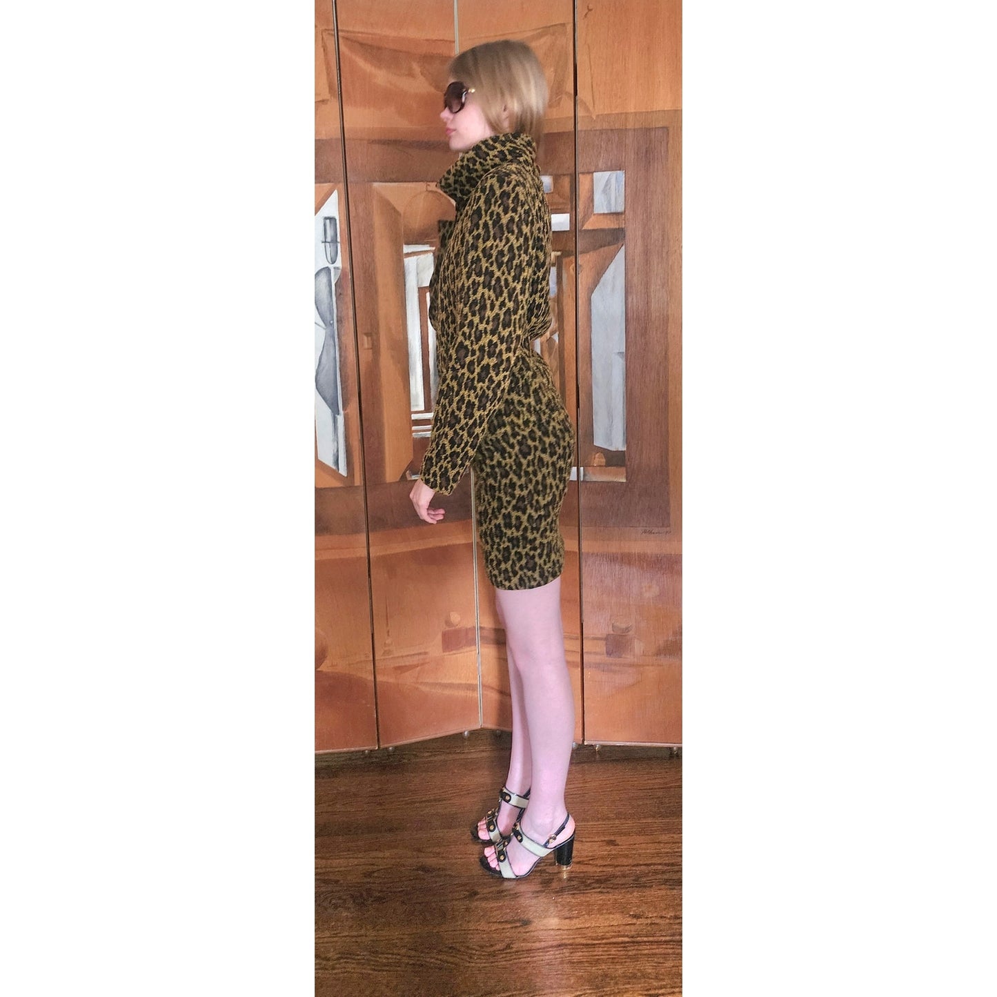 Vintage 90s Monica Bianco Milano Animal Print Skirt Suit Structured Jacket Set Made in Italy