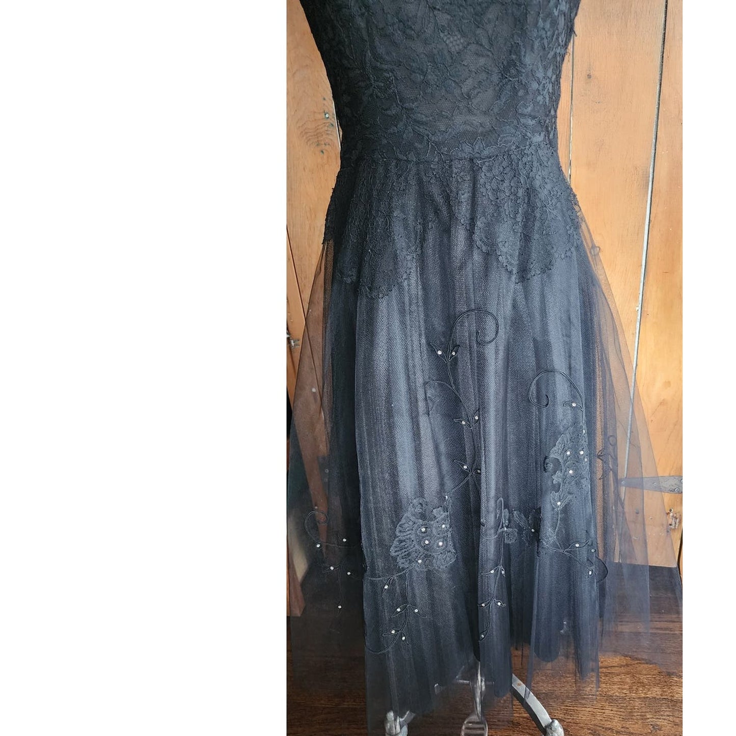 Vintage 50s Black Party Dress Tulle Lace Rhinestones M
