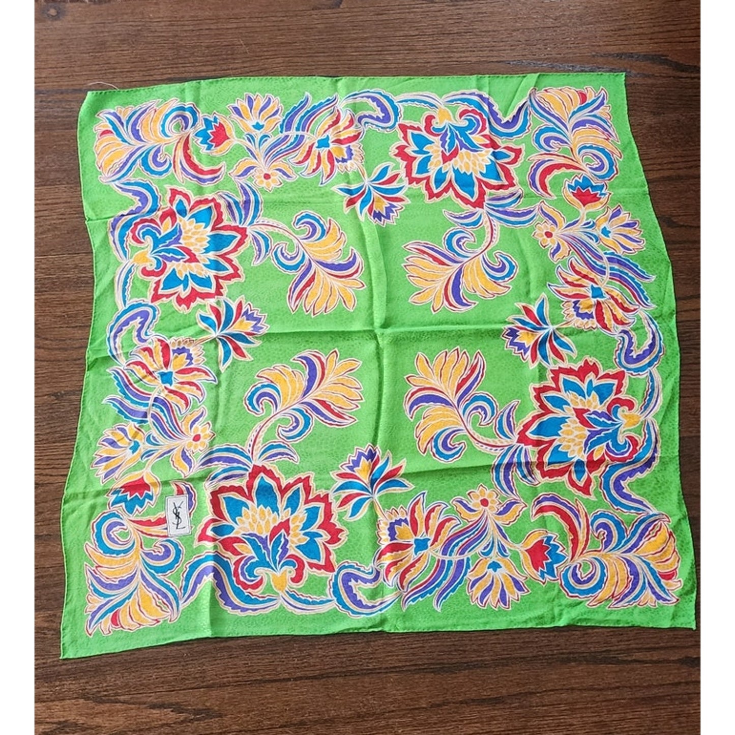 Vintage YSL Scarf Silkprint Square Floral Paisley Green Yves Saint Laurent 1970s 1980s