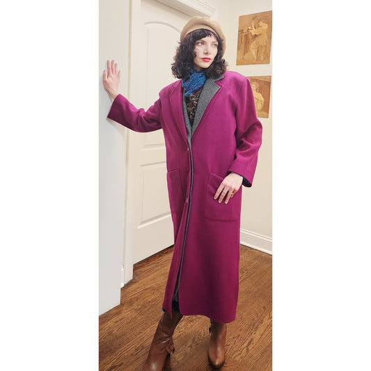 Vintage 1980s Purple Wool Coat Perry Ellis Portfolio w/Removable Gray Liner Vest Duster