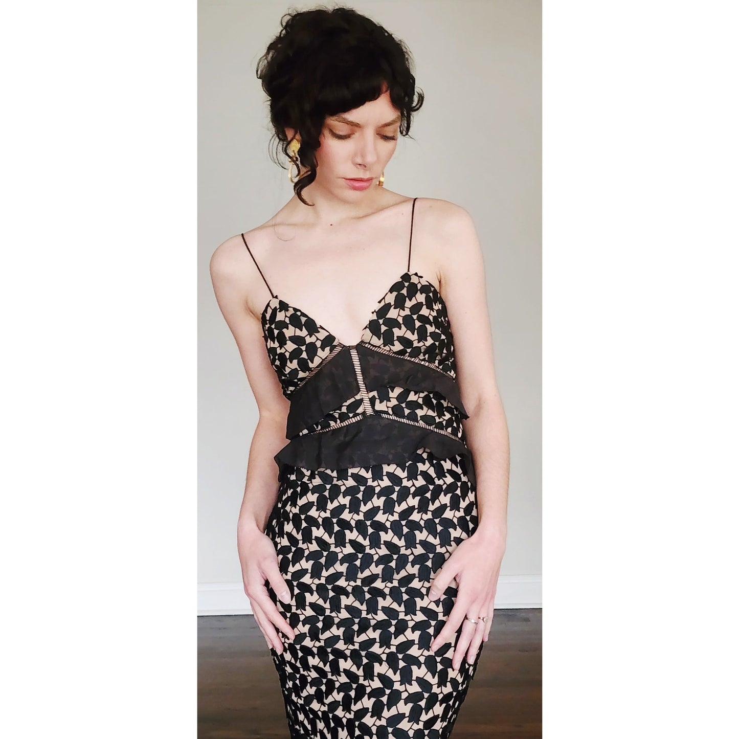 SELF PORTRAIT Evening Dress Aaliyah Organza Ruffled Black Guipure Lace Gown Spaghetti Straps