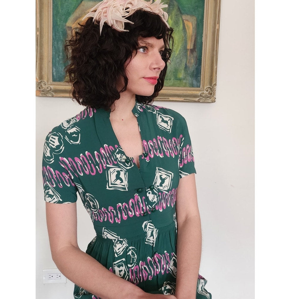 Vintage 40s Rayon Dress Green Pink Novelty Print Ancient Greek Greece Classical Art